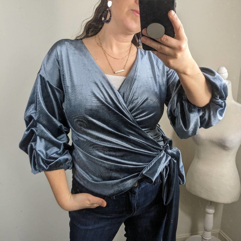 Blue Velvet Puff sleeves faux wrap surplice top sz medium work party casual